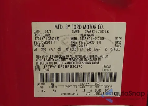 2011 Ford F-150 Fx4 z USA, uszkodzony, nr VIN 1FTFW1EF3BFB30270